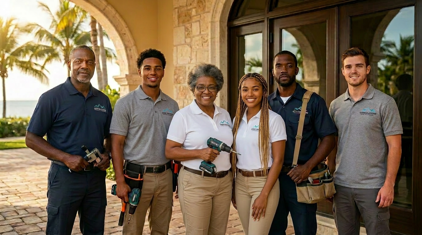 Lock Solutions Bahamas technicians installing a commercial door lock